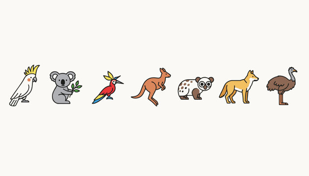 Assorted Australian animals including a cockatoo koala parrot kangaroo quokka dingo and emu arranged in a line on a light background.