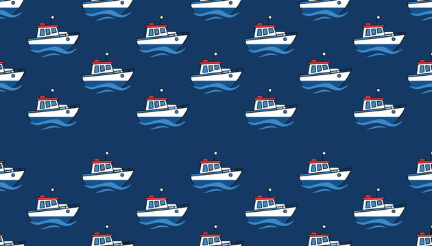 Seamless pattern of small white and red fishing boats sailing on blue waves representing a nautical or maritime theme in a simple design.