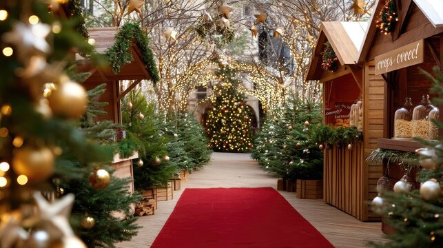 A charming market stall offers baked goods and festive treats, adorned with twinkling lights and holiday decorations in winter