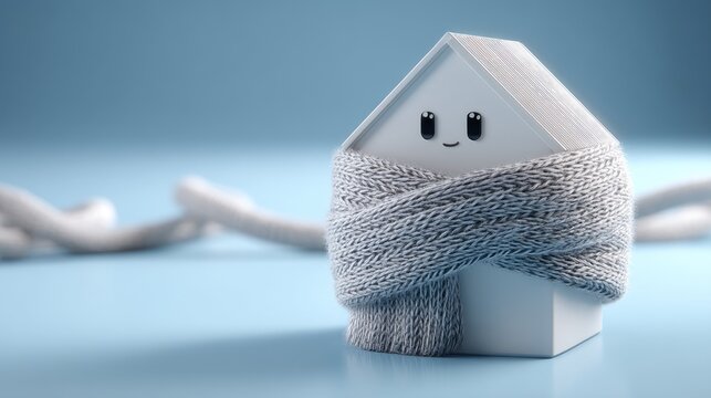 A miniature house sits on the floor with a cozy sweater on top, positioned near a radiator in a stylish indoor space