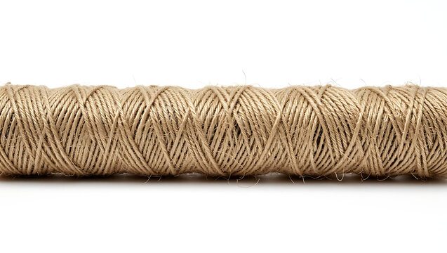 A tightly wound spool of coarse brown jute twine sits on a clean white surface.