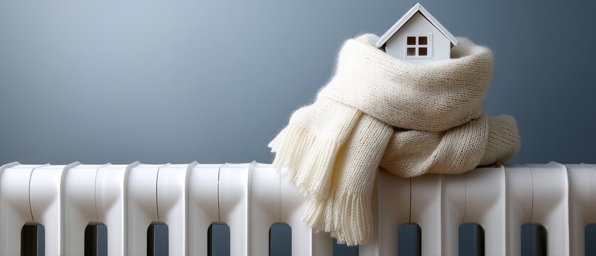 A miniature house sits on the floor with a cozy sweater on top, positioned near a radiator in a stylish indoor space