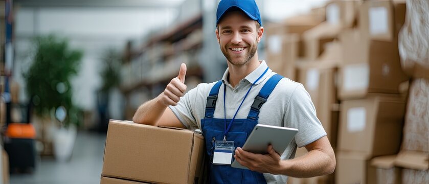 A cheerful delivery worker stands with a tablet, showing a thumbs up in front of stacked cardboard boxes in a storage space
