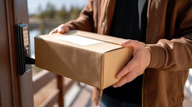 A person dressed in casual clothing delivers a package, placing it carefully at the doorstep in bright weather