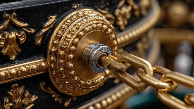 A detailed view of a decorative chain lock shows its golden patterns and secure mechanism, highlighting craftsmanship and design