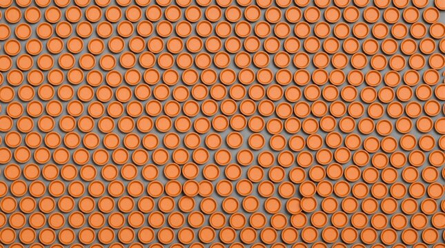 Top view of many small terracotta plant saucers in hexagonal honeycomb pattern. Identical clay pots arranged in tight grid on grey concrete floor. Seamless repeating layout for textile print,