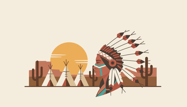 Native American chief wearing an elaborate feather headdress stands in profile against a canyon sunset with teepees and cacti.