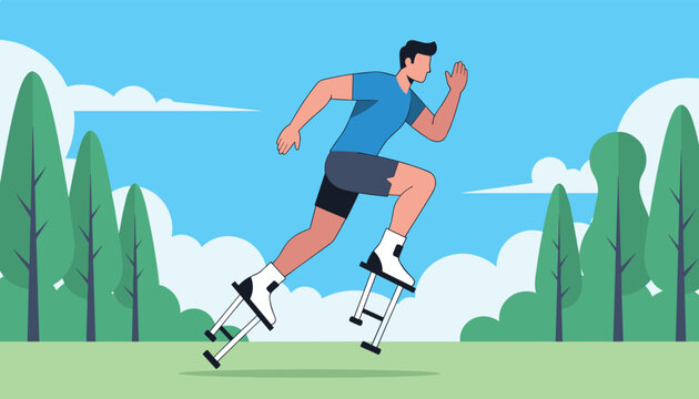 Active athlete runs with jumping stilts high in the air on a green grass lawn against a background of tall green trees and clouds.