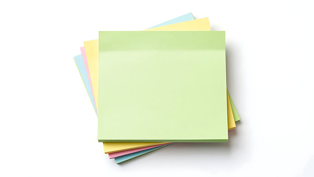 A stack of colorful square sticky notes is arranged on a white background.