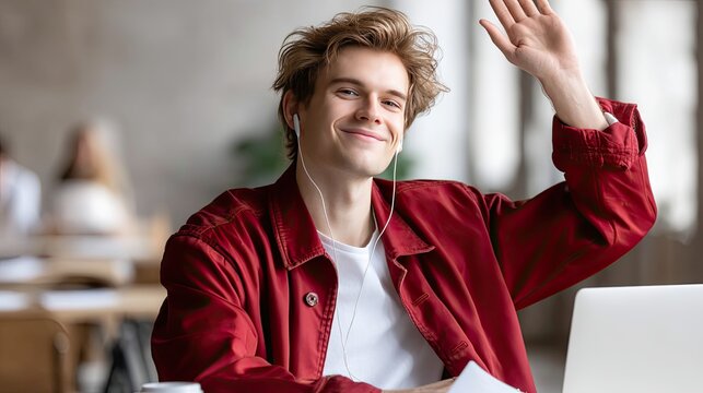 Young boy in a red sweater eagerly raises his hand while engaged in a study session at his cluttered desk filled with materials