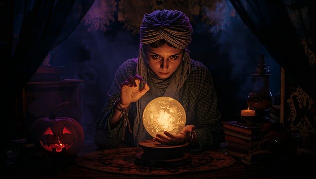 Mysterious Fortune Teller Gazing into Glowing Crystal Ball with Halloween Pumpkin
