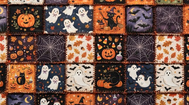 Colorful halloween patchwork quilt with ghosts pumpkins bats and spooky silhouettes