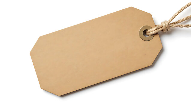 A kraft paper gift tag with a hole for string is isolated on white.