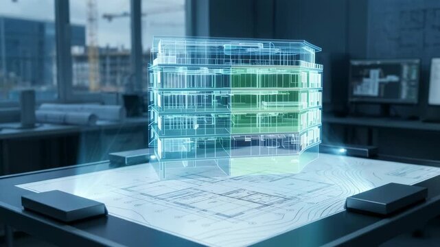 Holographic building model displayed above architectural blueprints in a design studio. Architecture and construction planning. Digital twin and building information modeling.