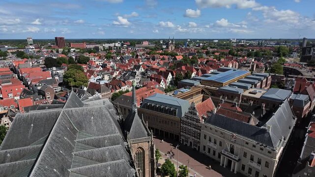 High angle panoramic shot over city of Deventer towards horizon