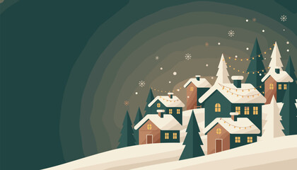 Obraz premium Cozy night winter village illustration in warm green and brown tones, featuring glowing houses with lights, decorated pine trees, and gently falling snow under a dark sky.
