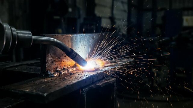 Welding torch joins steel with a spray of sparks in an industrial workshop. Metal fabrication and repair. Manufacturing process and skilled trade. Industrial production.