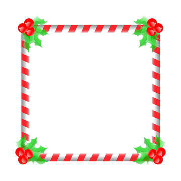 Christmas candy cane square frame with holly leaves and red berries in corners, festive striped border vector for greeting card design