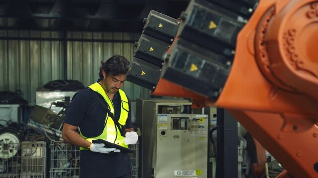 Industrial engineer inspecting a robotic arm machine in an automated manufacturing factory, robotics, automation, smart manufacturing, machine maintenance, quality control and Industry technology.