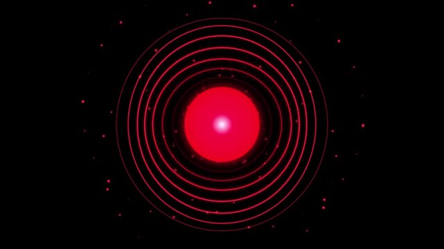 Pulsing red energy sphere with concentric glowing ring waves radiating in dark abstract background.