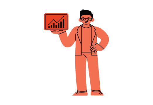 Businessman Holding Tablet Showing Growth Chart and Financial Data Analytics Concept character vector illustration design.