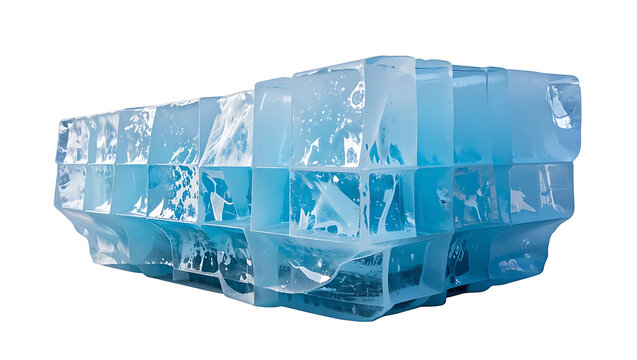 A translucent block of ice with trapped air bubbles sits isolated on a white background.