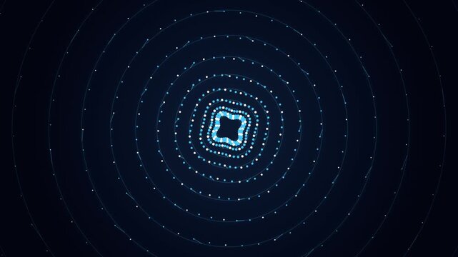 Abstract circular tunnel with glowing blue dots and square patterns for digital background.