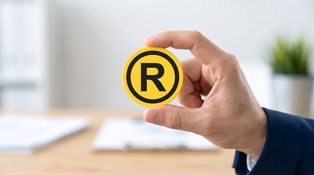 Registered trademark symbol badge held by businessman, intellectual property protection icon, corporate brand law concept in modern office setting