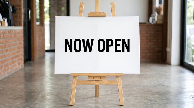 Now open sign on wooden easel stand, grand opening announcement sign in modern store interior, business welcome banner