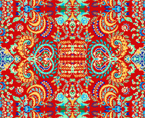 Seamless repeating pattern with paisley motifs placed at different angles, balanced by smaller floral elements and filler © Venkatsai