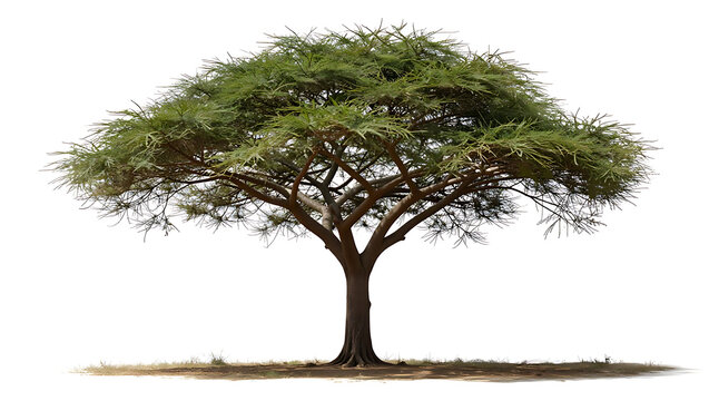 An acacia tree with a distinctive flat-topped canopy stretches across a white background.