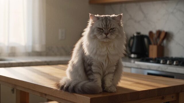 Fluffy grumpy cat sitting on a wooden kitchen table with narrowed eyes and a naturally displeased expression in soft morning sunlight.