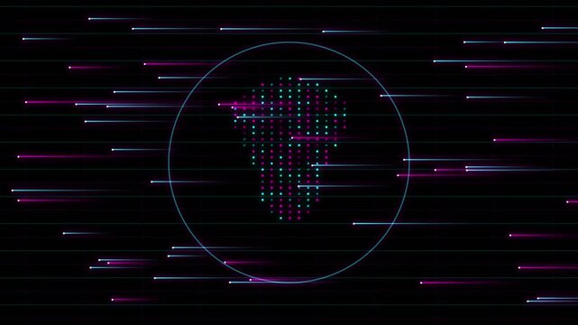 Digital lightbulb icon with fast moving data streams inside glowing circle abstract motion background.