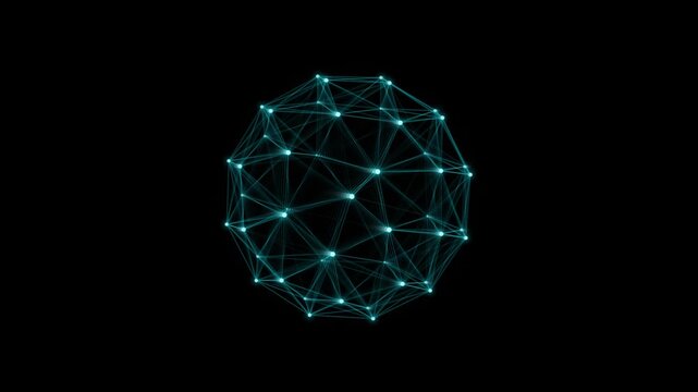 Rotating geometric network of glowing lines forming polyhedral shapes on a black background