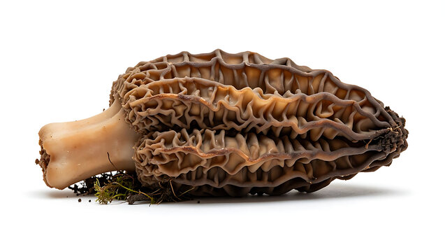 A unique morel mushroom with its distinctive honeycomb-like cap is shown isolated.
