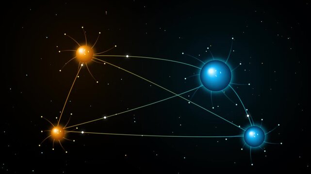 Abstract glowing neuron network with connecting synapses and bioluminescent particles on a dark background