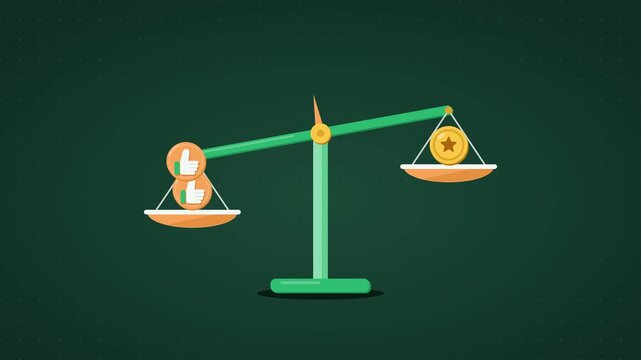 Thumbs up and gold coin on balance scale animation