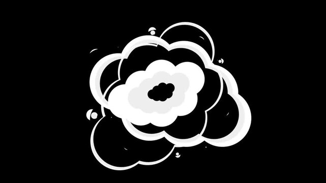 White Cartoon Smoke Puff Burst Animation Isolated  On Black Background. White And Light Grey Cloud Shapes, Expanding Rings, And Small Scattered Particles 