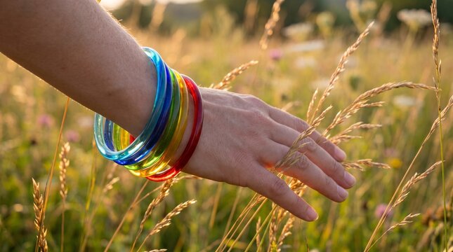 Hand with rainbow bracelets touching tall grass in a sunny meadow