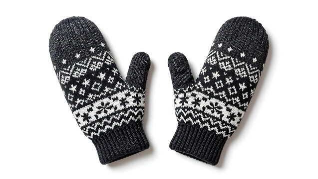 A pair of dark gray knitted mittens with a white Nordic pattern are displayed on white.