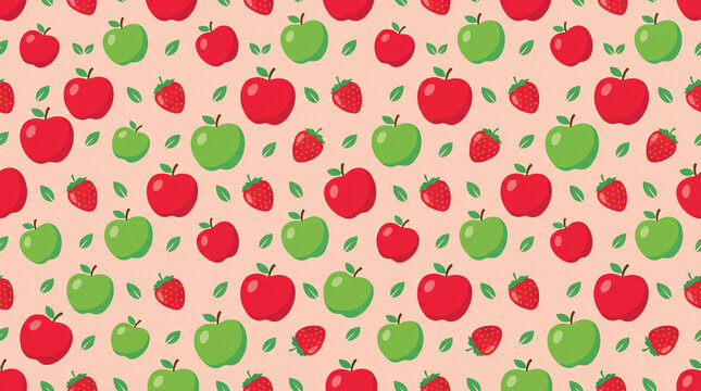 Seamless fruit pattern with red green apples and fresh strawberries on light pink background for kitchen textile