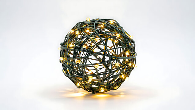 A spherical decoration made of interwoven wires is covered in small, warm-toned LED lights.