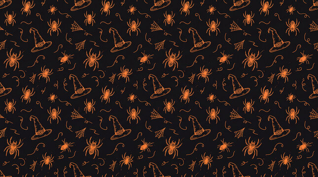 Seamless Halloween pattern with orange witch hat spider and cobweb doodles on black background for party decoration
