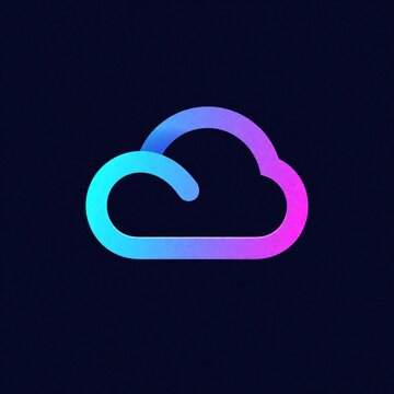 Colorful neon cloud logo icon on dark blue background. Multicolored gradient shape represents cloud computing, data storage, network services. Bright digital symbol for web tech, internet