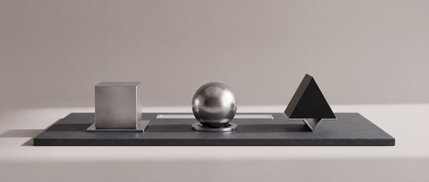 Minimalist 3D render of basic geometric shapes including a metal cube, a chrome sphere, and a matte black pyramid on a dark platform, representing core concepts, stability, and fundamental design.