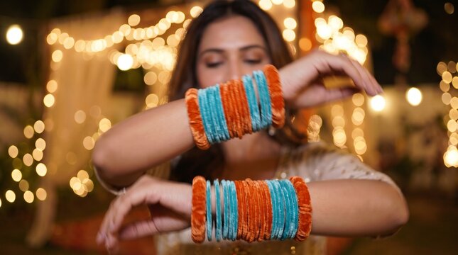 Diwali celebration woman wearing colorful velvet bangles with bokeh