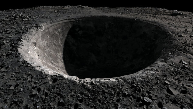 A deep circular impact crater on a dark rocky lunar surface with rugged terrain and shadows cast across the uneven ground in outer space view