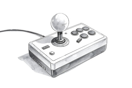 A detailed black and white of an arcade joystick controller with a spherical handle and multiple circular buttons on a white background