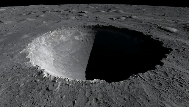 A detailed black and white of a massive impact crater on the lunar surface, showing deep shadows and rocky terrain on the moon landscape