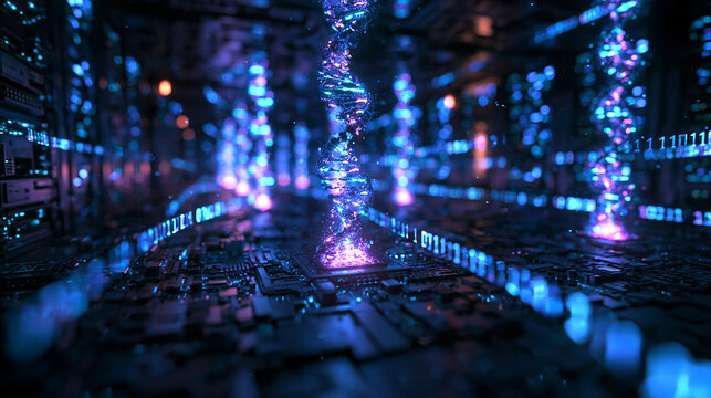 DNA Helix Emerging from Digital Server Circuit Board